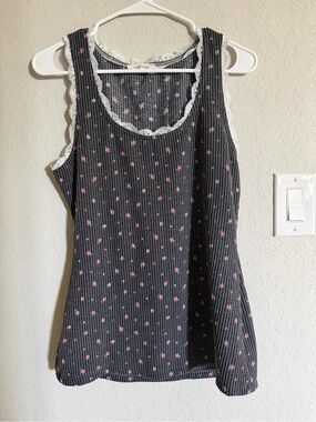 Sleeveless Black/Charcoal Ribbed Tank with Pink Floral Print and Lace Trim